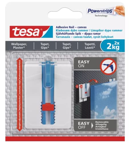 tesa Powerstrips Haken zum Leinwand Aufhängen, Verstellbarer Klebenagel für Tapeten & Putz, Nagel Selbstklebend für Haus-Deko, statt Zimmer-Deko Bilderhaken Klebehaken, Wiederverwendbar max. 2kg von tesa