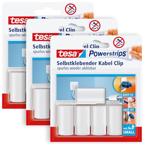 tesa Powerstrips Kabelclip im 3er Pack - Kabel Clip selbstklebend - Zur Fixierung von Kabeln - In Weiß - 3 x 5 Kabel Clips von tesa