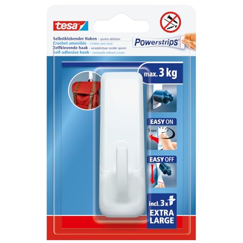 tesa Powerstrips Klebehaken XL Rechteckig - selbstklebender Haken mit extra starkem Halt - wiederverwendbarer Wandhaken für Bad oder Küche - Montage ohne Bohren - Weiß - 1 x Haken, 3 x Powerstrips XL von tesa