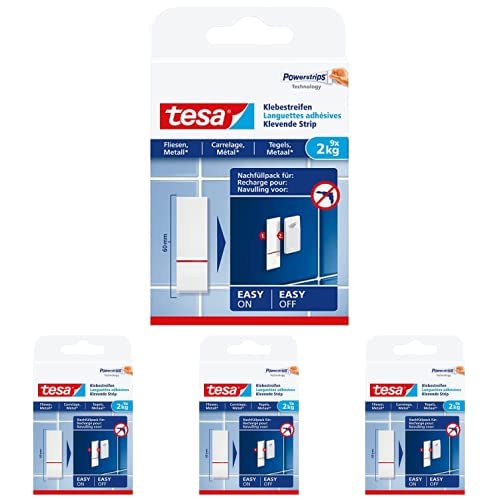 tesa Powerstrips Klebestreifen für Fliesen und Metall 2 kg - Doppelseitige Streifen für feste, glatte Flächen - Bis zu 2 kg Halteleistung pro Streifen - 9 Stück, 4er Pack von tesa