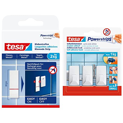 tesa Powerstrips Klebestreifen für Fliesen und Metall 2 kg - Doppelseitige Streifen für feste, glatte Flächen - Bis zu 2 kg Halteleistung pro Streifen - 9 Stück & Powerstrips Haken Small ECKIG - Weiß von tesa