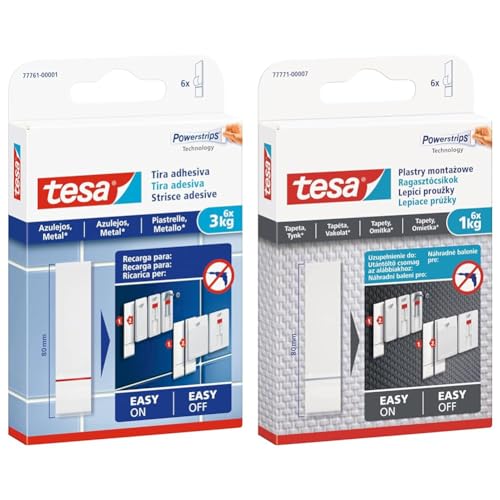 tesa Powerstrips Klebestreifen für Fliesen und Metall 3 kg & Powerstrips Tapete&Putz - doppelseitige Klebestreifen für Tapete und Gips von tesa