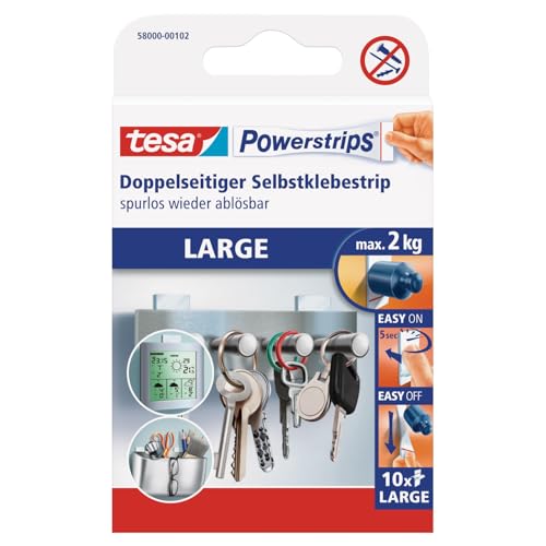 tesa Powerstrips Large - Doppelseitige Klebestreifen zur Montage von Gegenständen auf glatten Oberflächen - Bis zu 2 kg Halteleistung - 10er Pack Powerstrips von tesa