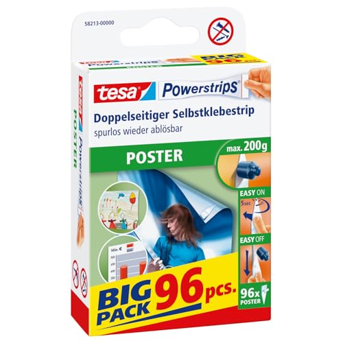 tesa Powerstrips POSTER Big Pack - Doppelseitige Klebestreifen für Poster und Plakate - Selbstklebend und spurlos wieder ablösbar - Bis zu 200 g Halteleistung - 96 Stück tesa Powerstrips POSTER Big Pack - Doppelseitige Klebestreifen für Poster und Plakate - Selbstklebend und spurlos wieder ablösbar - Bis zu 200 g Halteleistung - 96 Stück von tesa