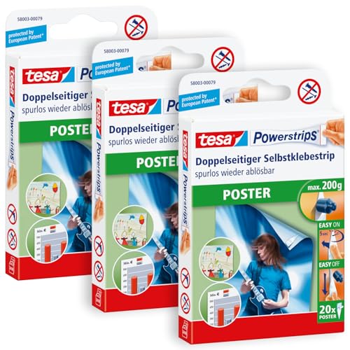 tesa Powerstrips POSTER im 3er Pack - Doppelseitige Klebestreifen für Poster und Plakate - Selbstklebend und spurlos wieder ablösbar - Bis zu 200 g Halteleistung - insgesamt 60 Powerstrips von tesa