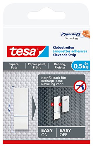 tesa Powerstrips Tapete&Putz - doppelseitige Klebestreifen für Tapete und Gips - Ersatz-Klebestreifen für den tesa Klebenagel - Haltekraft 0,5 kg/Nagel - 1 x 9 Streifen von tesa