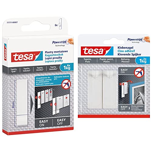 tesa Powerstrips Tapete&Putz - doppelseitige Klebestreifen für Tapete und Gips - für den tesa Klebenagel - Haltekraft 1,0 kg/Nagel - 1 x 6 Streifen & Klebenagel für Tapeten und Putz 1kg - Bis zu 1 kg von tesa