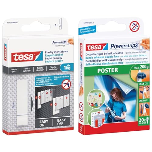 tesa Powerstrips Tapete&Putz - doppelseitige Klebestreifen für Tapete und Gips & Powerstrips POSTER - Doppelseitige Klebestreifen für Poster und Plakate von tesa
