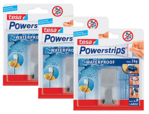 tesa Powerstrips Waterproof Haken Zoom Metall - Wasserfester Klebehaken aus Edelstahl für Badezimmer und Dusche (3 Haken) von tesa