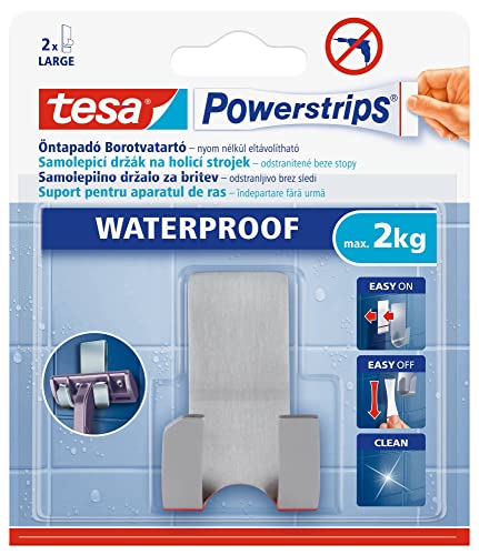 tesa Powerstrips Waterproof Rasiererhalter Zoom, Metall - Selbstklebender Rasiererhalter aus Edelstahl für Dusche und Bad von tesa