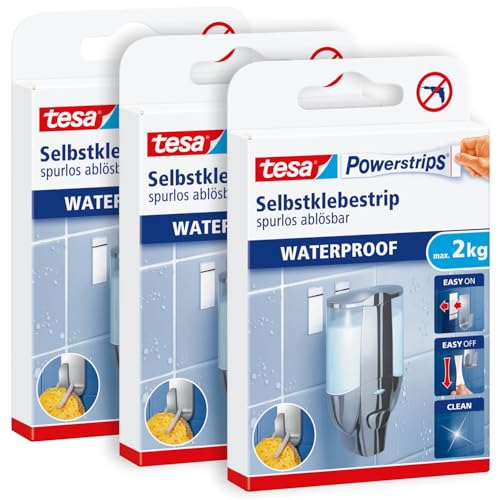 tesa Powerstrips Waterproof Strips LARGE im 3er Pack- wasserfeste, doppelseitige Klebestreifen für Küche Bad, bis zu 2 kg Haltekraft - 3 x 6 Streifen von tesa
