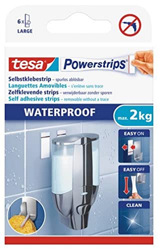tesa Powerstrips Waterproof Strips LARGE - wasserfeste, doppelseitige Klebestreifen für Küche Bad, bis zu 2 kg Haltekraft - 1 x 6 Streifen von tesa