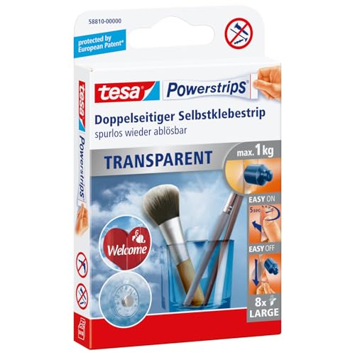 tesa Powerstrips transparent Deko - doppelseitige Klebestreifen für leichte Dekorationen, bis zu 1kg Haltekraft - selbstklebend 1kg 8 Powerstrips von tesa