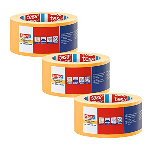 tesa Präzisionskrepp 4344 Standard - 3er Pack - Professioneller Malerkrepp mit dünnem Papierträger - zum präzisen Abkleben und Abdecken - orange - je 50 m x 50 mm von tesa