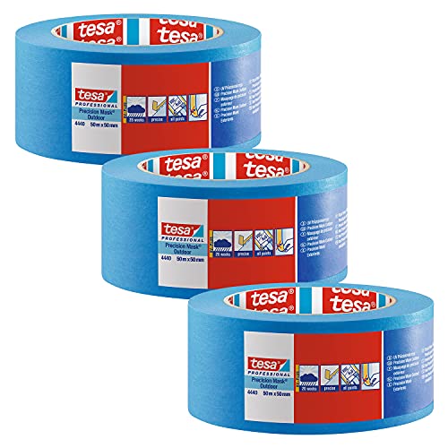 tesa Präzisionskrepp 4440 Außen UV-PLUS Malerband - 3er Pack - Witterungsbeständiger Malerkrepp für den Außenbereich - zum präzisen Abkleben und Abdecken - blau - je 50 m x 50 mm von tesa