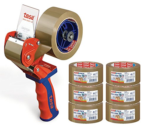 tesa Profi-Packband-Set - Handabroller Comfort + 6 Nachfüllrollen tesapack® ultra strong, braun (Handabroller + 6x Ultra Strong) von tesa