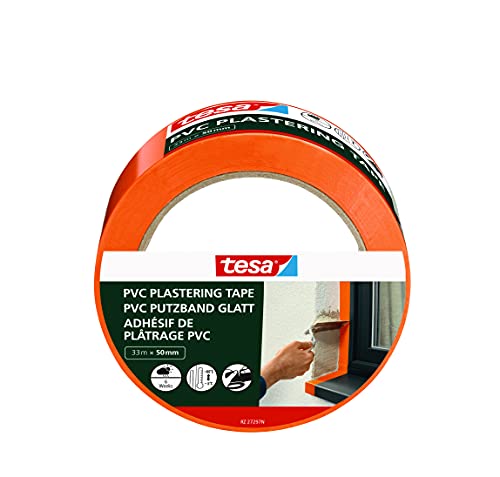 tesa Putzband PVC - Putzklebeband mit verstärktem PVC-Trägermaterial - zum Schutz beim Verputzen im Außenbereich - temperaturbeständig, von Hand einreißbar - orange - 33 m x 50 mm von tesa