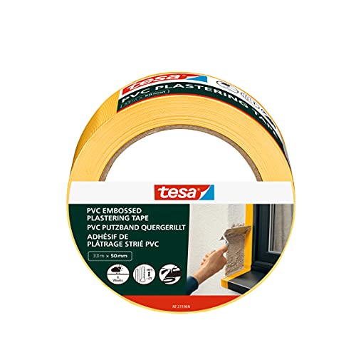 tesa Putzband PVC mit Prägung - Putzklebeband mit hochwertigem PVC-Trägermaterial, von Hand einreißbar - zum Schutz beim Verputzen im Außenbereich - gelb - 33 m x 50 mm von tesa