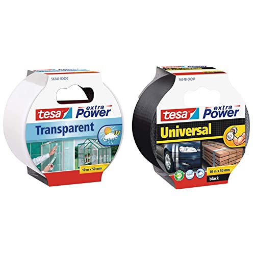 tesa Reparaturband extra Power, transparent, 10m x 50mm & extra Power Universal Gewebeband - Gewebeverstärktes Ductape zum Reparieren, Befestigen, Bündeln - Schwarz - 10 m x 50 mm von tesa