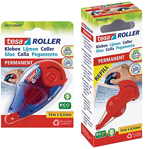 tesa Roller Kleben Permanent ecoLogo - Nachfüllbarer Kleberoller mit reißfestem Band und doppelseitigem Klebefilm - lösungsmittelfrei - 14 mx8,4 mm & Kleberoller permanent Nachfüllkassette, 14mx8.4mm von tesa