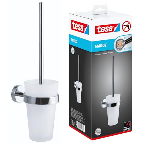 tesa SMOOZ WC-Garnitur, satiniertes Glas und verchromter Edelstahl - Toilettenbürsten-Set zur Wandbefestigung ohne Bohren, inkl. Klebelösung - 137 mm x 97 mm x 410 mm von tesa