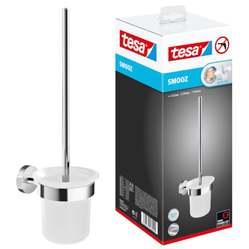 tesa SMOOZ WC-Garnitur, satiniertes Glas und verchromter Edelstahl - Toilettenbürsten-Set zur Wandbefestigung ohne Bohren, inkl. Klebelösung - 137 mm x 97 mm x 410 mm von tesa