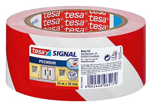 tesa Signal Markierungsklebeband PREMIUM - selbstklebendes Warnband zur permanenten Markierung und Kennzeichnung von Gefahrenzonen - aus robustem PVC - 66 m x 50 mm - Rot / Weiß von tesa