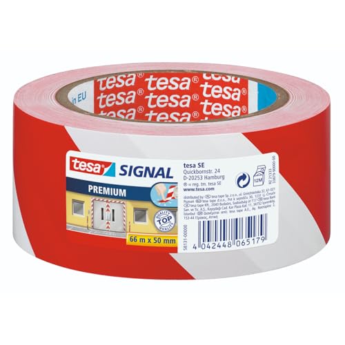 tesa Signal Markierungsklebeband PREMIUM - selbstklebendes Warnband zur permanenten Markierung und Kennzeichnung von Gefahrenzonen - aus robustem PVC - 66 m x 50 mm - Rot/Weiß von tesa