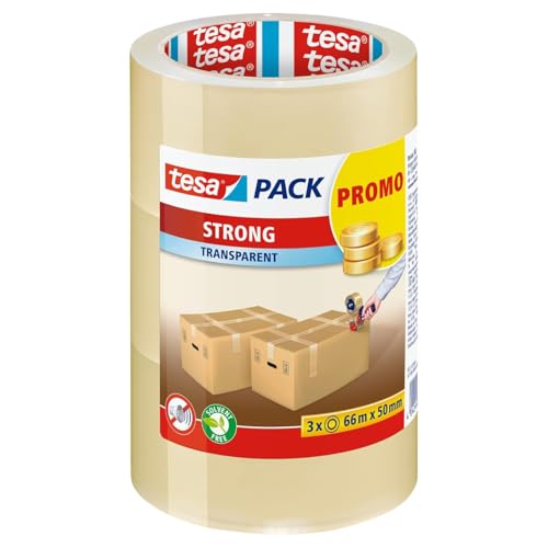 tesa tesapack Strong - Geräuscharmes Paketklebeband zum Verpacken von Paketen und Versandschachteln - transparent - 3 Rollen je 66 m: 50mm von tesa