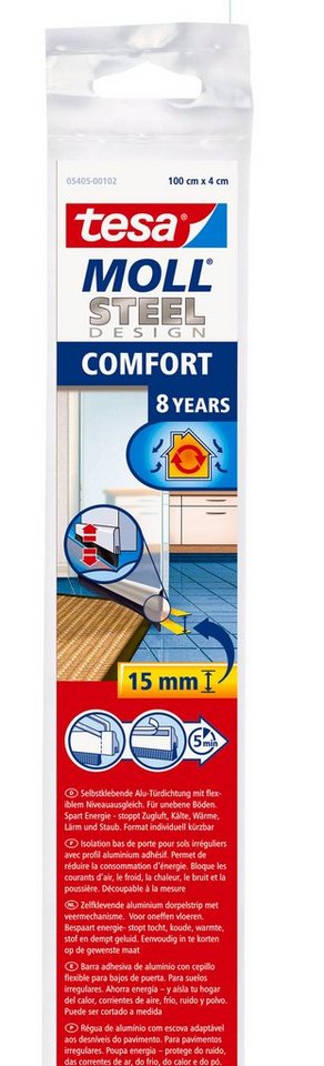 tesa Türbodendichtung tesamoll Türdichtung COMFORT - 1 m : 40 mm, (Packung, 1-St., 1 x tesamoll Zugluftstopper Edelstahl), Zuglufstopper - für Parkett-, Laminat- & Fliesenböden - edelstahl von tesa