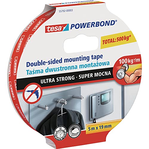 tesa Powerbond® Ultra Starkes Montageband - Doppelseitiges, extra starkes Klebeband für dauerhafte Befestigung im Außen- und Innenbereich - 5m von tesa