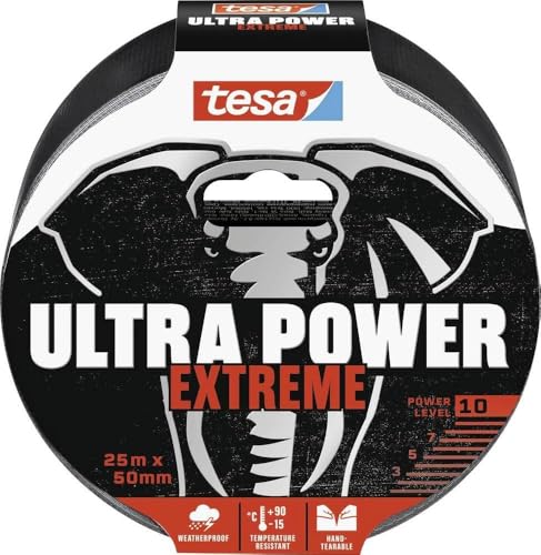 tesa Ultra Power Extreme Repairing Tape - Reparaturband mit extra starkem Halt auch auf rauen Oberflächen - wetterbeständig und handeinreißbar - 25 m x 50 mm von tesa