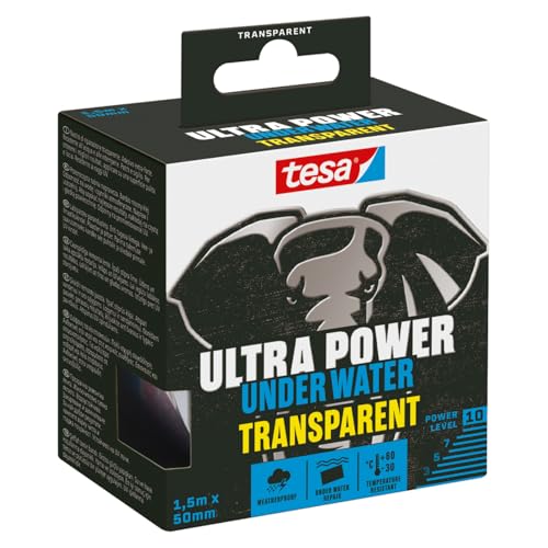 tesa Ultra Power Under Water Transparent - wasserfestes Klebeband - Abdichtungsband für Pool, Zelt und Dachrinne - starke Klebeleistung für Reparaturen sogar unter Wasser - 1 x Rolle - 1,5 m x 50 mm von tesa