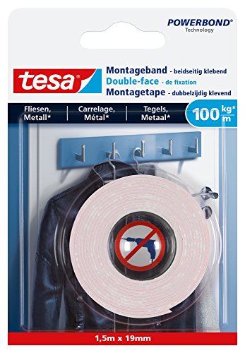 tesa Powerbond Montageband für Fliesen & Metall Extra Stark, mit bis zu 100 kg Haltekraft pro Meter - doppelseitiges Montageklebeband für glatte Oberflächen – 1,5 m x 19 mm von tesa