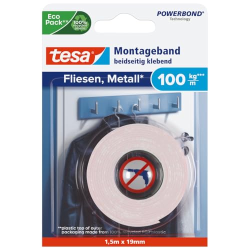 tesa Powerbond Montageband für Fliesen & Metall Extra Stark, mit bis zu 100 kg Haltekraft pro Meter - doppelseitiges Montageklebeband für glatte Oberflächen – 1,5 m x 19 mm von tesa