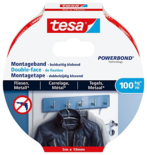 tesa Powerbond Montageband für Fliesen & Metall Extra Stark, mit bis zu 100 kg Haltekraft pro Meter - doppelseitiges Montageklebeband für glatte Oberflächen - 5 m x 19 mm von tesa
