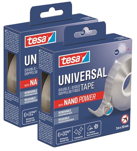 tesa Universal Nano Tape - transparentes, doppelseitiges Klebeband - leicht wiederablösbar und wiederverwendbar - wetterfest, für In- und Outdoor - 3 m x 30 mm (2er Pack) von tesa