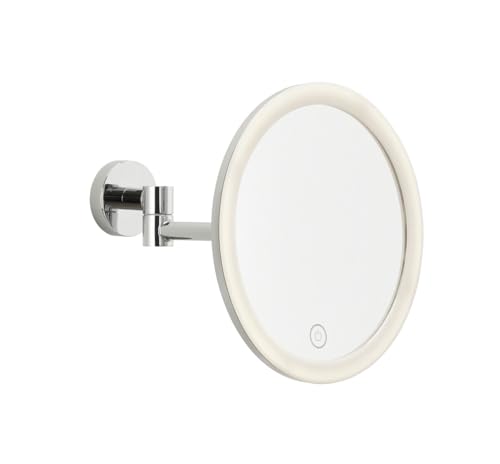 tesa VISIOON LED-Kosmetikspiegel - kabelloser Schminkspiegel mit dimmbarer Beleuchtung - Touch Control, integrierter Akku, 5-fache Vergrößerung, Gelenkarm - Wandmontage ohne Bohren - 18 cm - Chrom von tesa
