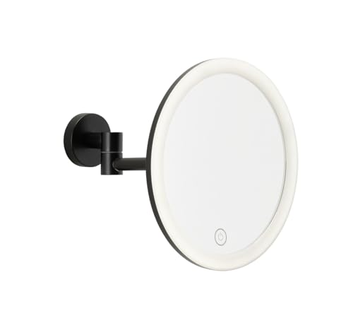 tesa VISIOON LED-Kosmetikspiegel - kabelloser Schminkspiegel mit dimmbarer Beleuchtung - Touch Control, integrierter Akku, 5-fache Vergrößerung, Gelenkarm - Wandmontage ohne Bohren - 18 cm - Schwarz von tesa
