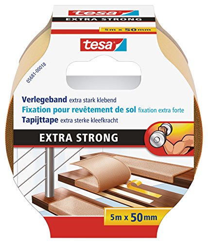 tesa Verlegeband extra stark klebend - Doppelseitiges Klebeband zum Verlegen von Teppich und PVC-Belag - doppelseitig klebend - 5 m x 50 mm von tesa