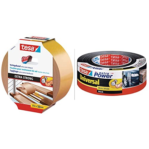 tesa Verlegeband extra stark klebend - 25 m x 50 mm & extra Power Universal Gewebeband - Gewebeverstärktes Ductape zum Reparieren, Befestigen, Bündeln Schwarz - 50 m : 50 mm von tesa