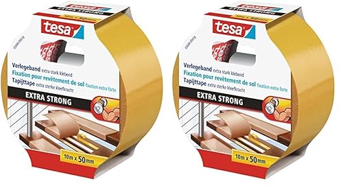 tesa Verlegeband extra stark klebend - Doppelseitiges Klebeband zum Verlegen von Teppich und PVC-Belag - doppelseitig klebend - 10 m x 50 mm (Packung mit 2) von tesa