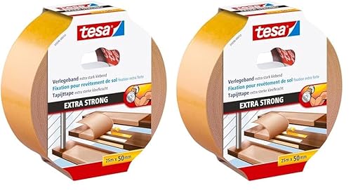 tesa Verlegeband extra stark klebend - Doppelseitiges Klebeband zum Verlegen von Teppich und PVC-Belag - doppelseitig klebend - 25 m x 50 mm (Packung mit 2) von tesa