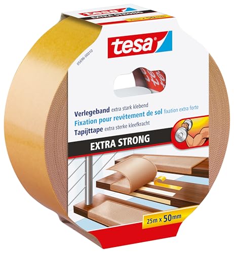 tesa Verlegeband extra stark klebend - Doppelseitiges Klebeband zum Verlegen von Teppich und PVC-Belag - doppelseitig klebend - 25 m x 50 mm von tesa
