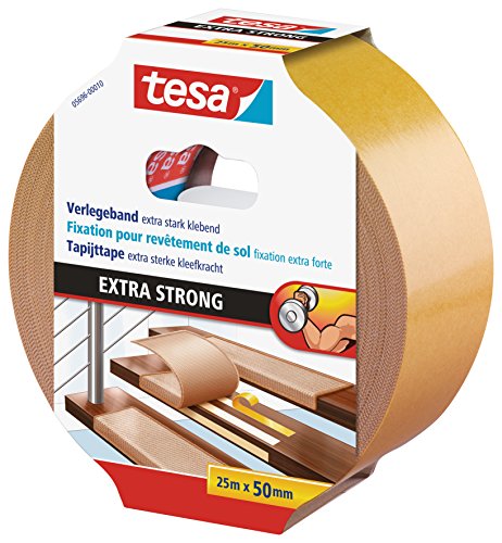 tesa Verlegeband extra stark klebend - Doppelseitiges Klebeband zum Verlegen von Teppich und PVC-Belag - doppelseitig klebend - 25 m x 50 mm von tesa