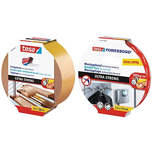 tesa Verlegeband extra stark klebend - doppelseitig klebend - 25mx50mm & Powerbond ULTRA STRONG - Doppelseitiges, extra starkes Montageband zur permanenten Befestigung im Außen- und Innenbereich - 5m von tesa