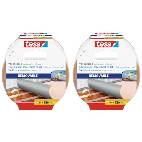 tesa Verlegeband rückstandsfrei entfernbar - Gewebeverstärktes, doppelseitiges Klebeband zum Verkleben von Teppich- und PVC-Bodenbelägen - 10 m x 50 mm (Packung mit 2) von tesa