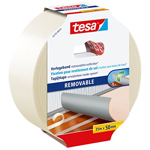tesa Verlegeband rückstandsfrei entfernbar - Gewebeverstärktes, doppelseitiges Klebeband zum Verkleben von Teppich- und PVC-Bodenbelägen - 25 m x 50 mm von tesa