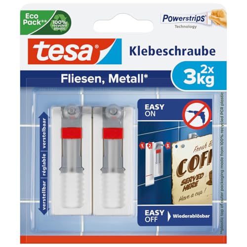 tesa Klebeschraube für Fliesen und Metall (verstellbar, 3 kg) von tesa