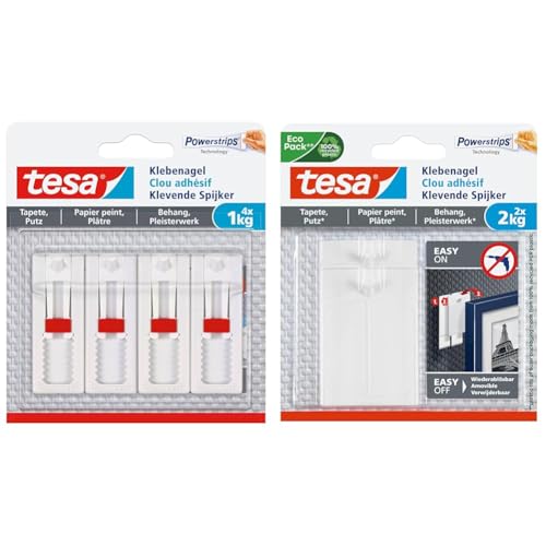 tesa Verstellbarer Klebenagel (für Tapeten und Putz 1 kg, Höhenverstellbarer) 4er Pack & Klebenagel für Tapeten und Putz/Selbstklebende Nägel für empfindliche Oberflächen / 2 x 2kg Halteleistung von tesa